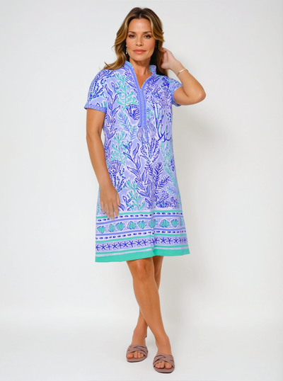 Deep Sea Print Cotton Knit Short Sleeve V-Neck Placket Dress