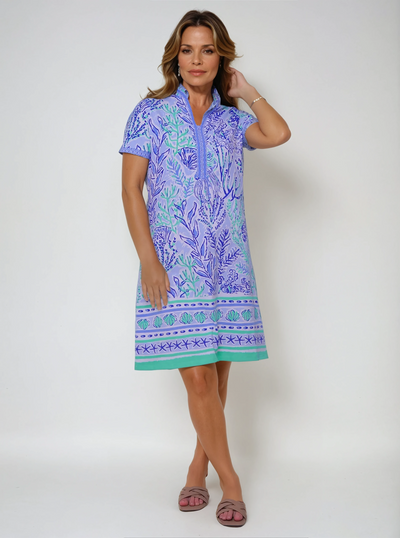 Deep Sea Print Cotton Knit Short Sleeve V-Neck Placket Dress