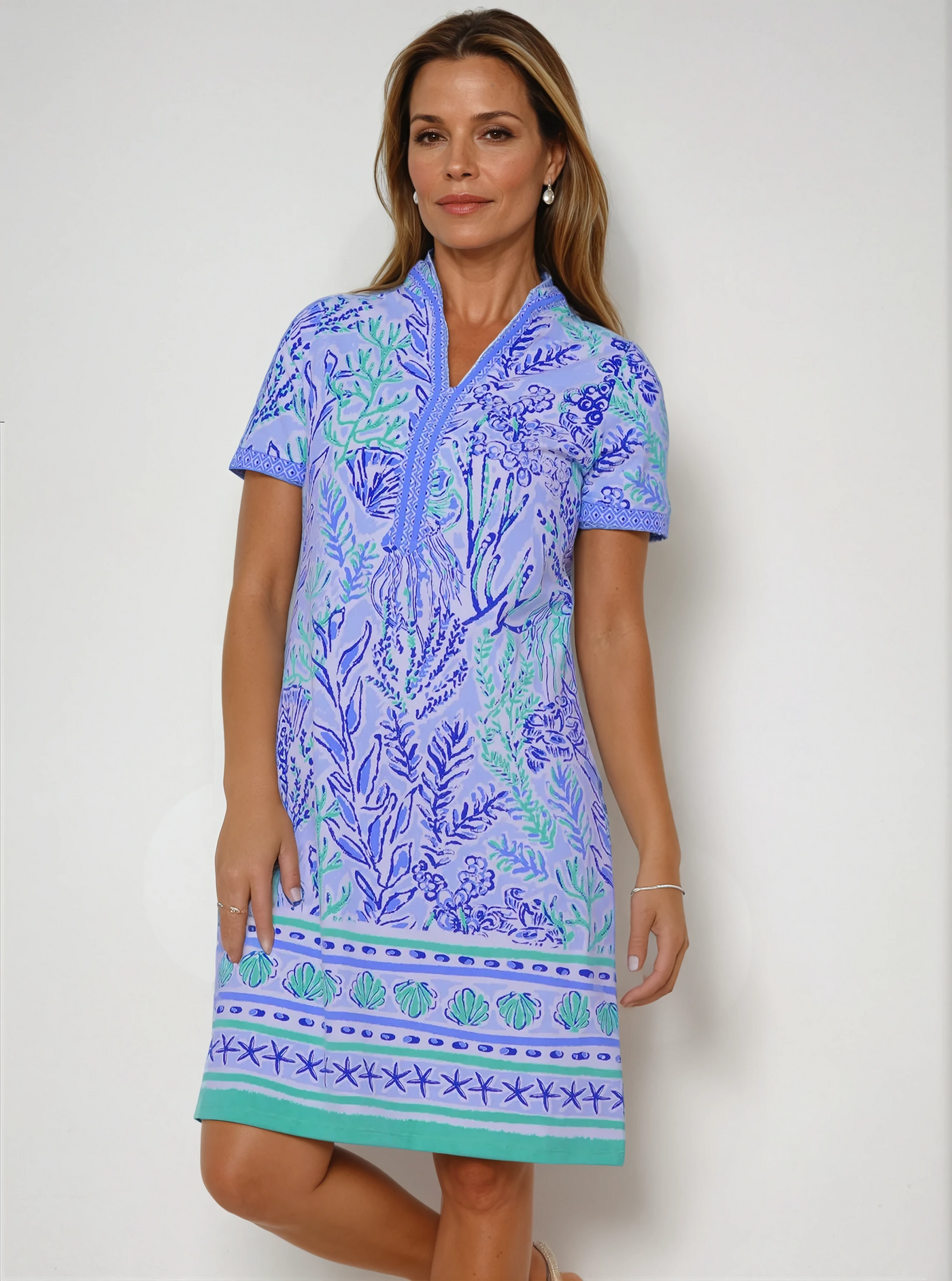 Deep Sea Print Cotton Knit Short Sleeve V-Neck Placket Dress