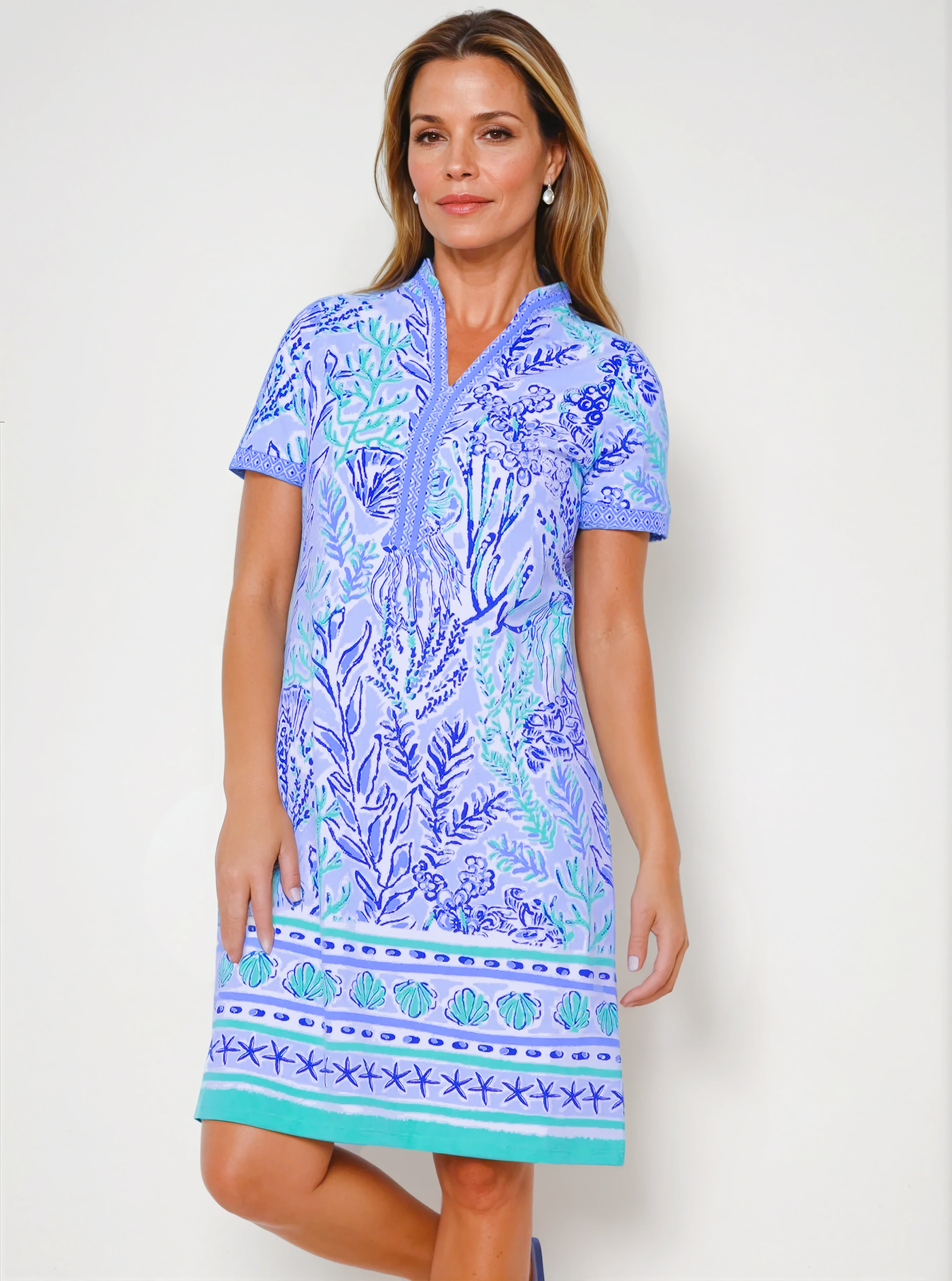 Deep Sea Print Cotton Knit Short Sleeve V-Neck Placket Dress