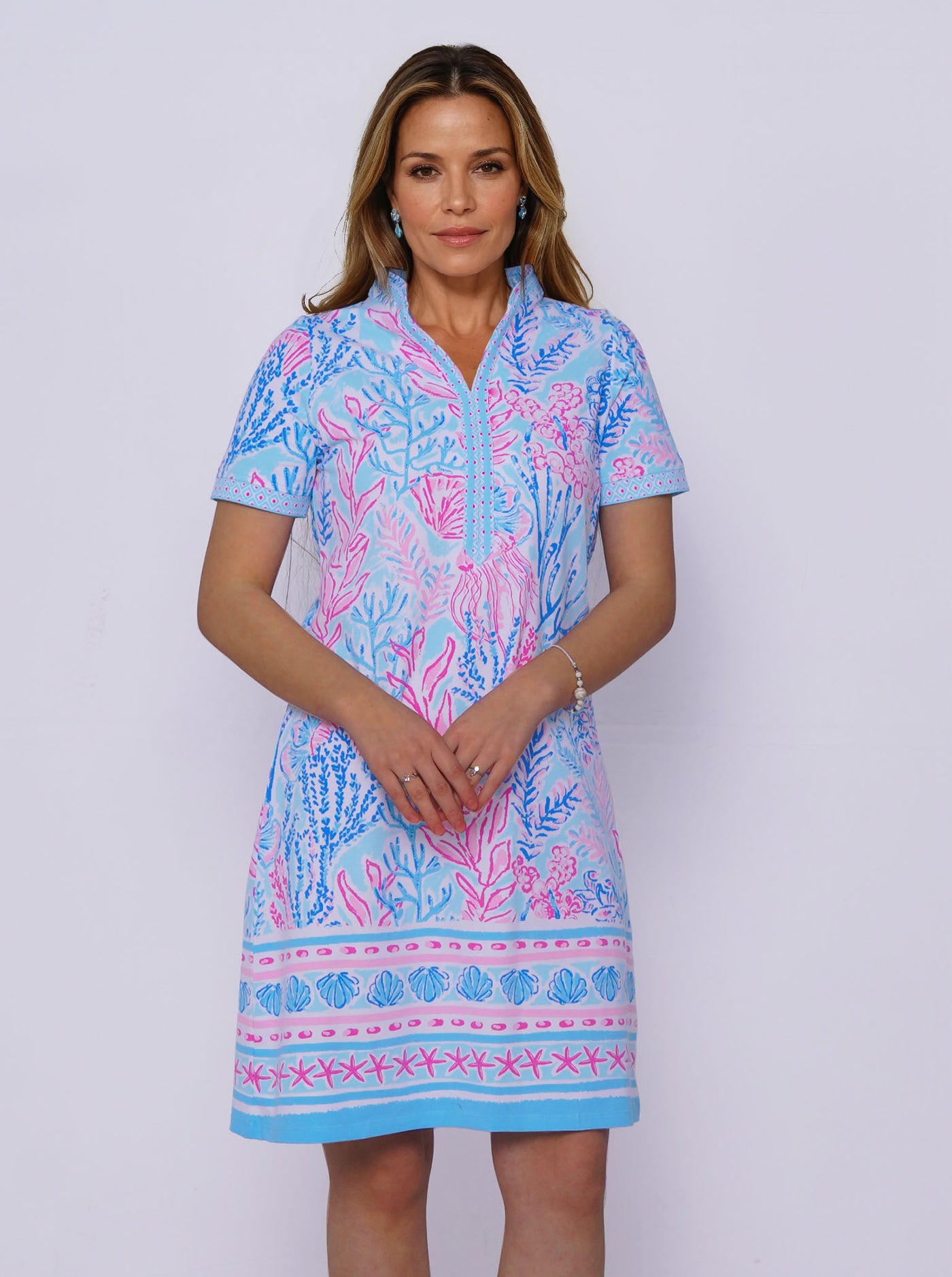 Deep Sea Print Cotton Knit Short Sleeve V-Neck Placket Dress