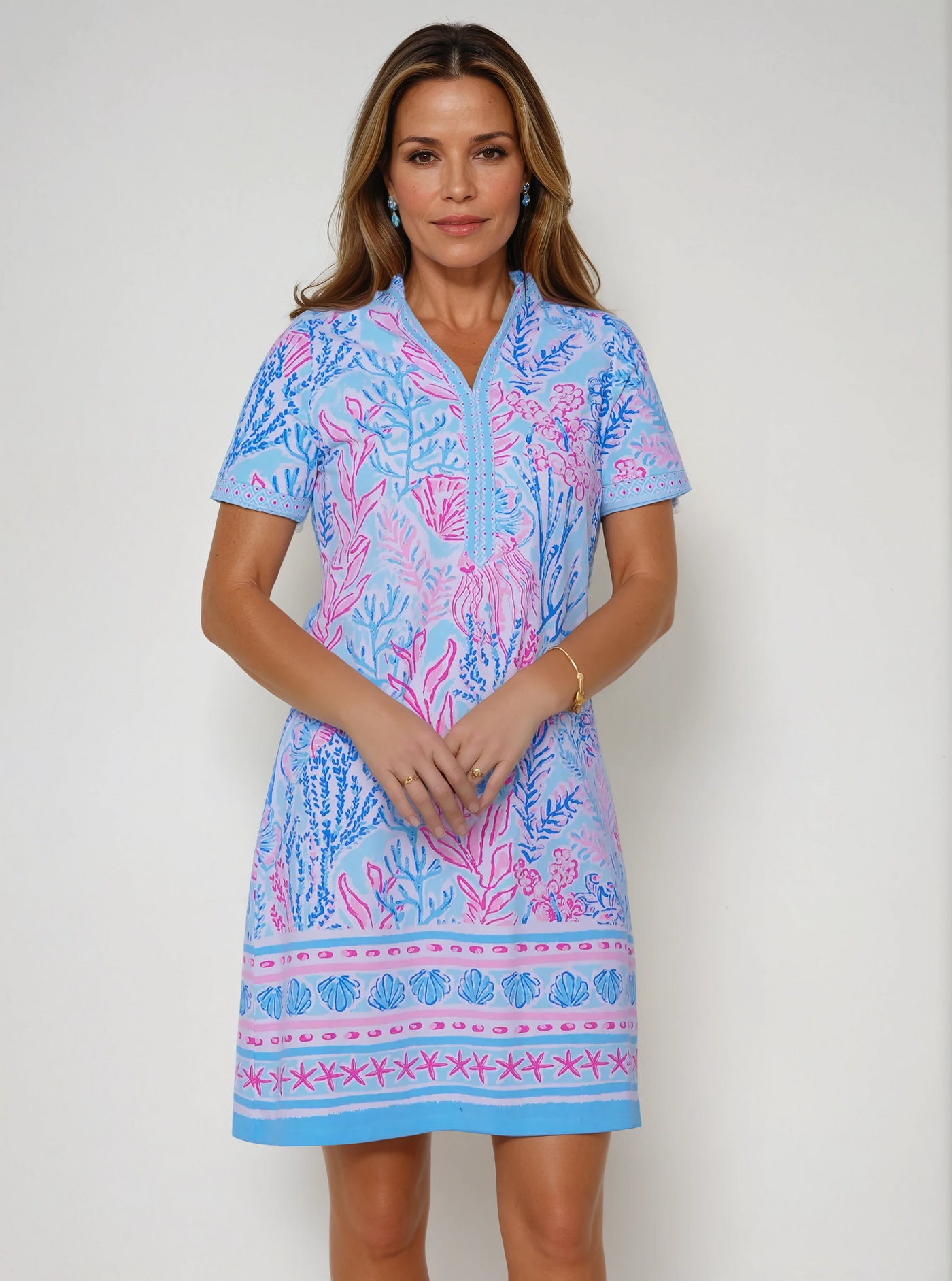 Deep Sea Print Cotton Knit Short Sleeve V-Neck Placket Dress