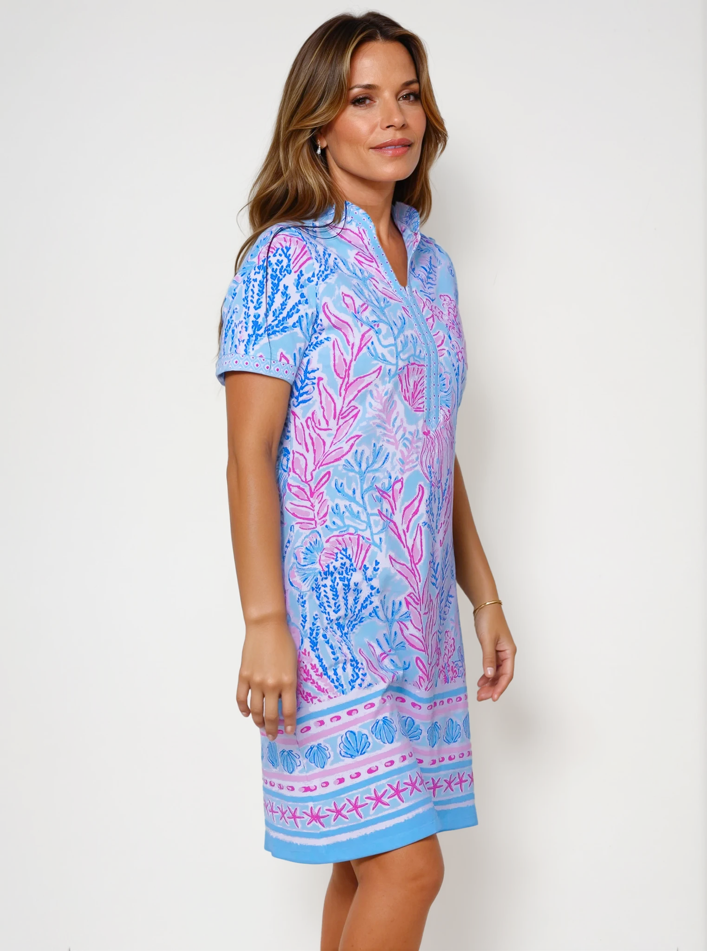 Deep Sea Print Cotton Knit Short Sleeve V-Neck Placket Dress