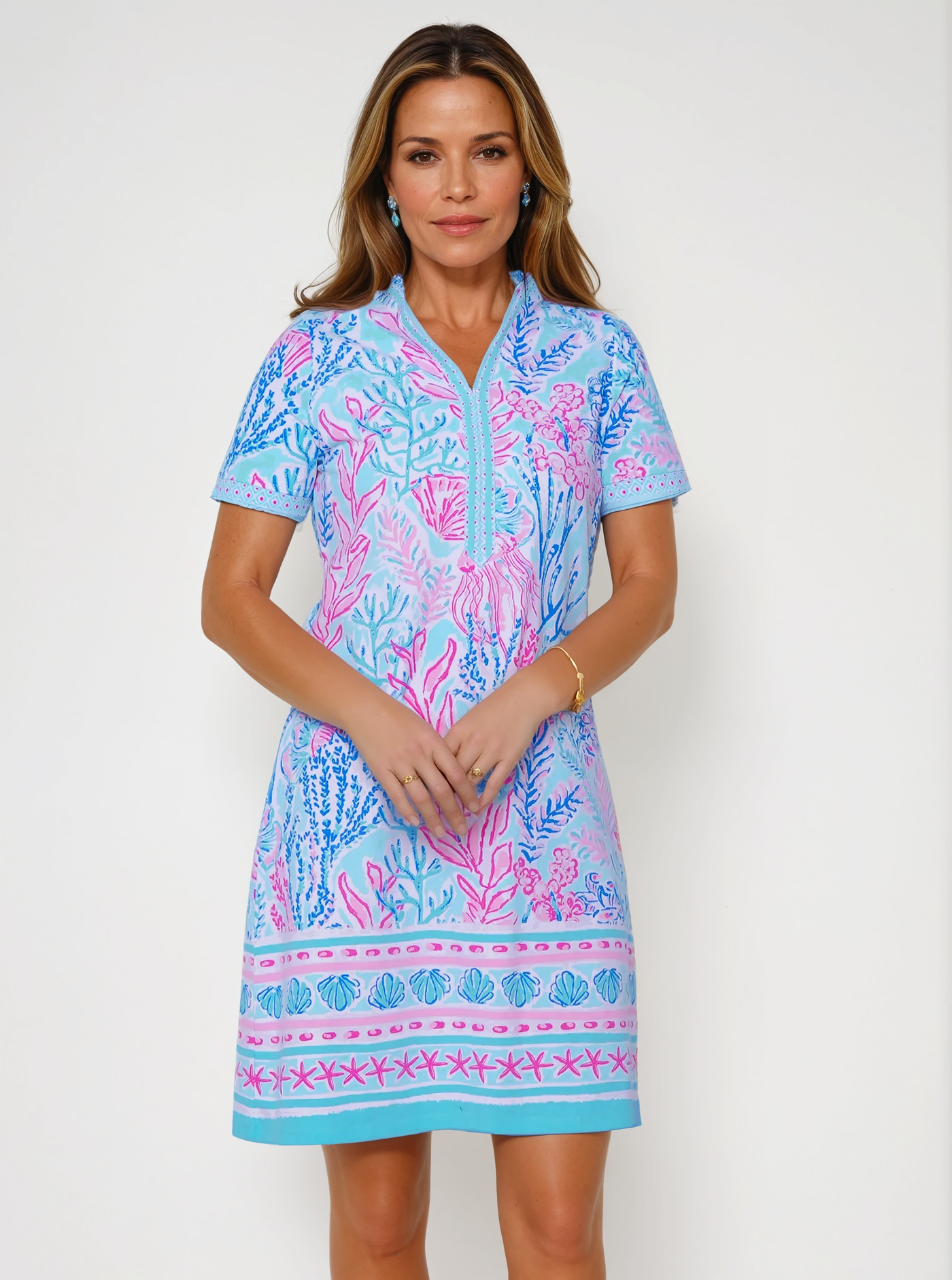 Deep Sea Print Cotton Knit Short Sleeve V-Neck Placket Dress