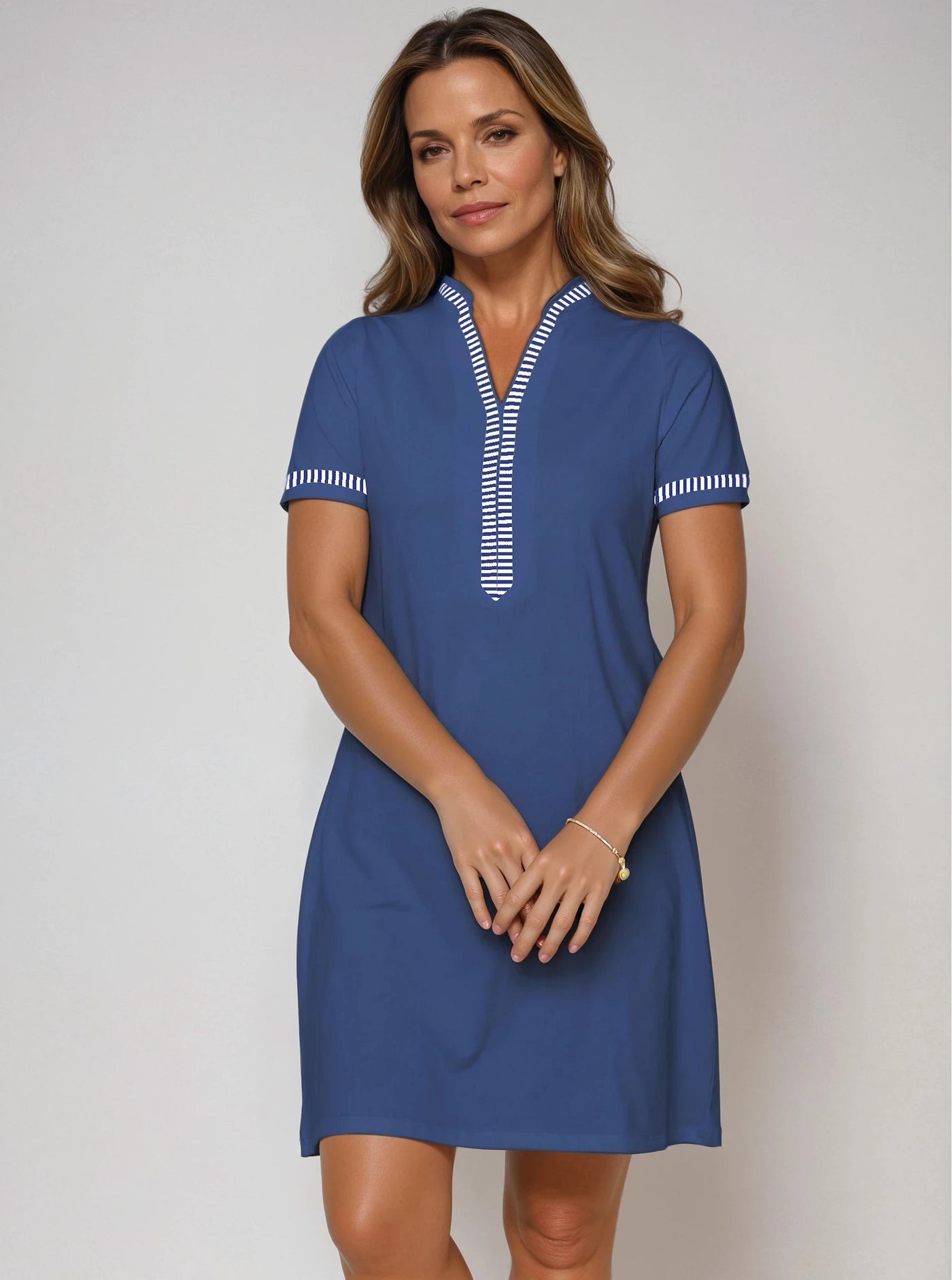 Short Sleeve Stripe V-Neck Placket Supplex Dress