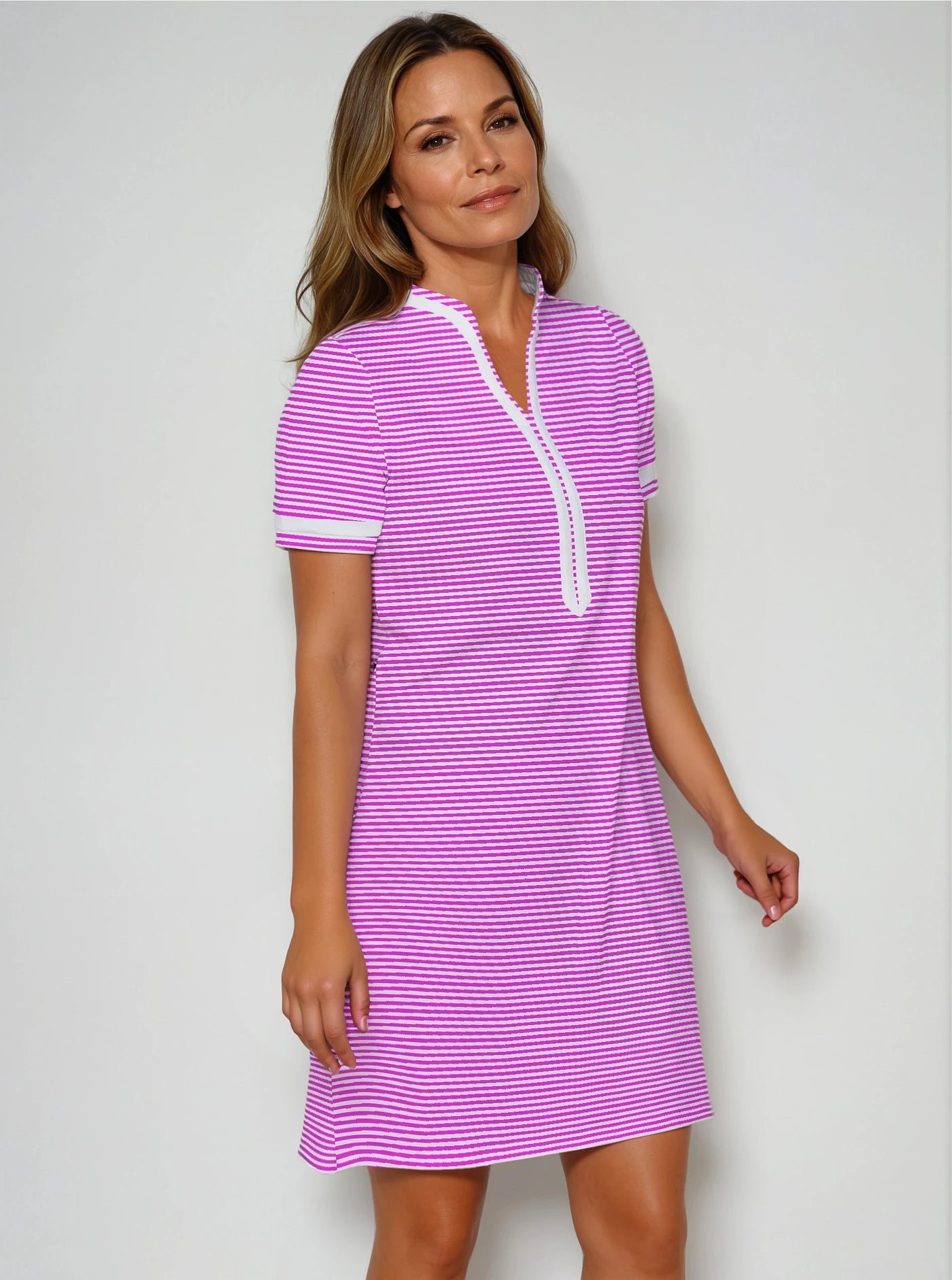 Verona Stripes Print Cotton Knit Short Sleeve V-Neck Placket Dress