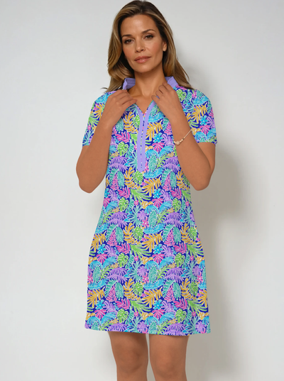 Nylon Short Sleeve V-Neck Placket Dress