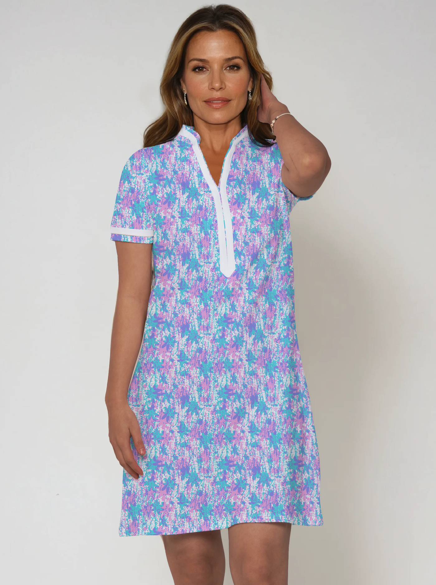 Nylon Short Sleeve V-Neck Placket Dress