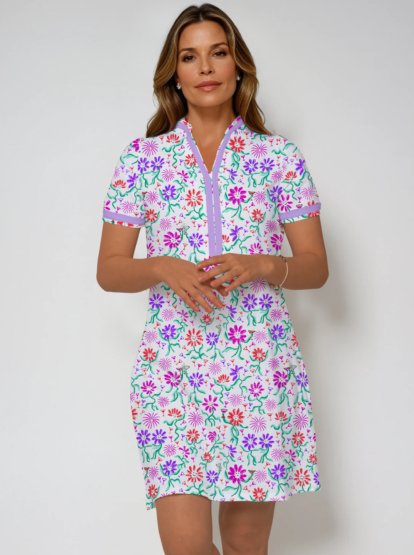 Daisy Print Cotton Knit Short Sleeve V-Neck Placket Dress