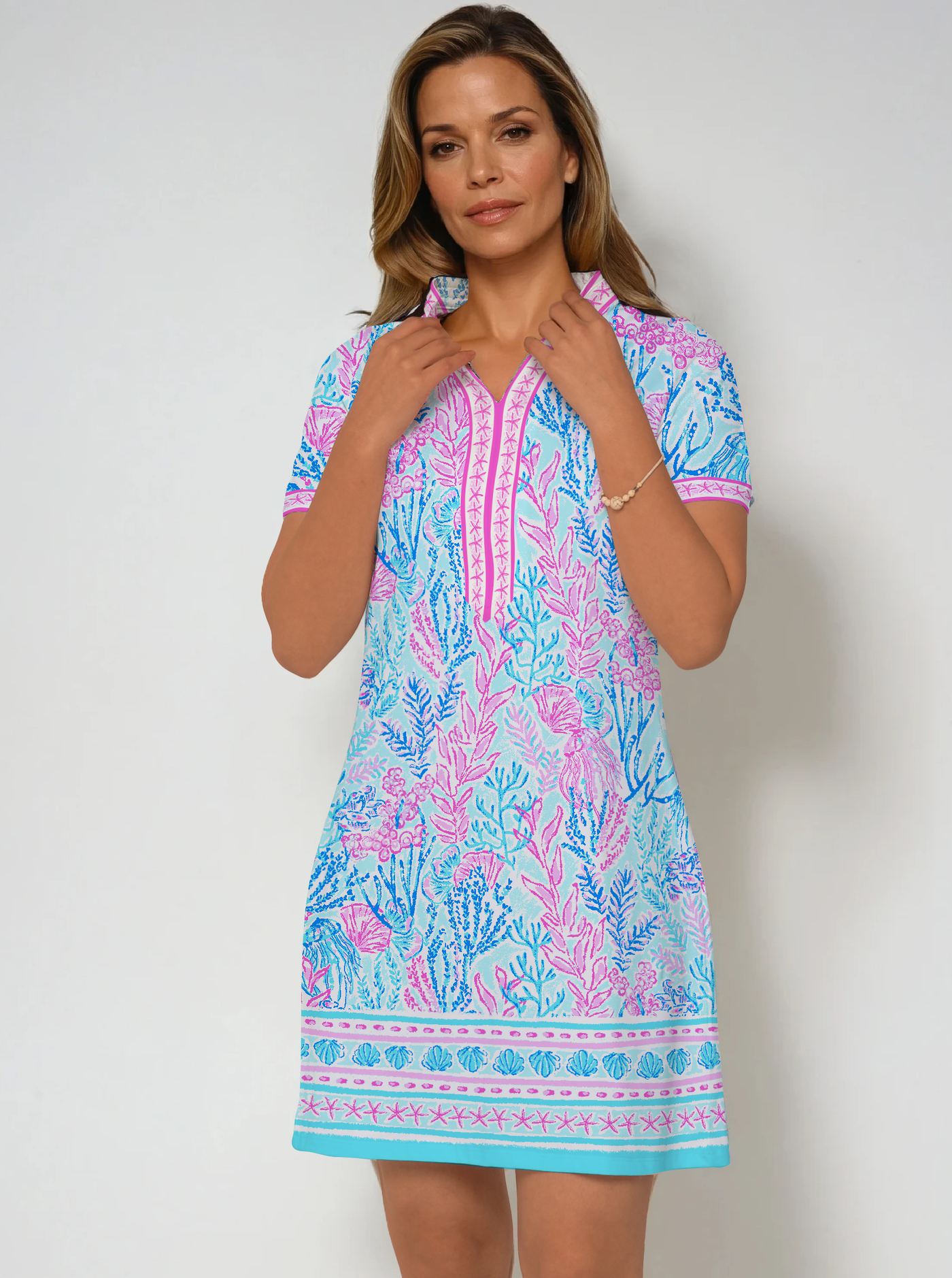 Deep Sea Print Cotton Knit Short Sleeve V-Neck Placket Dress