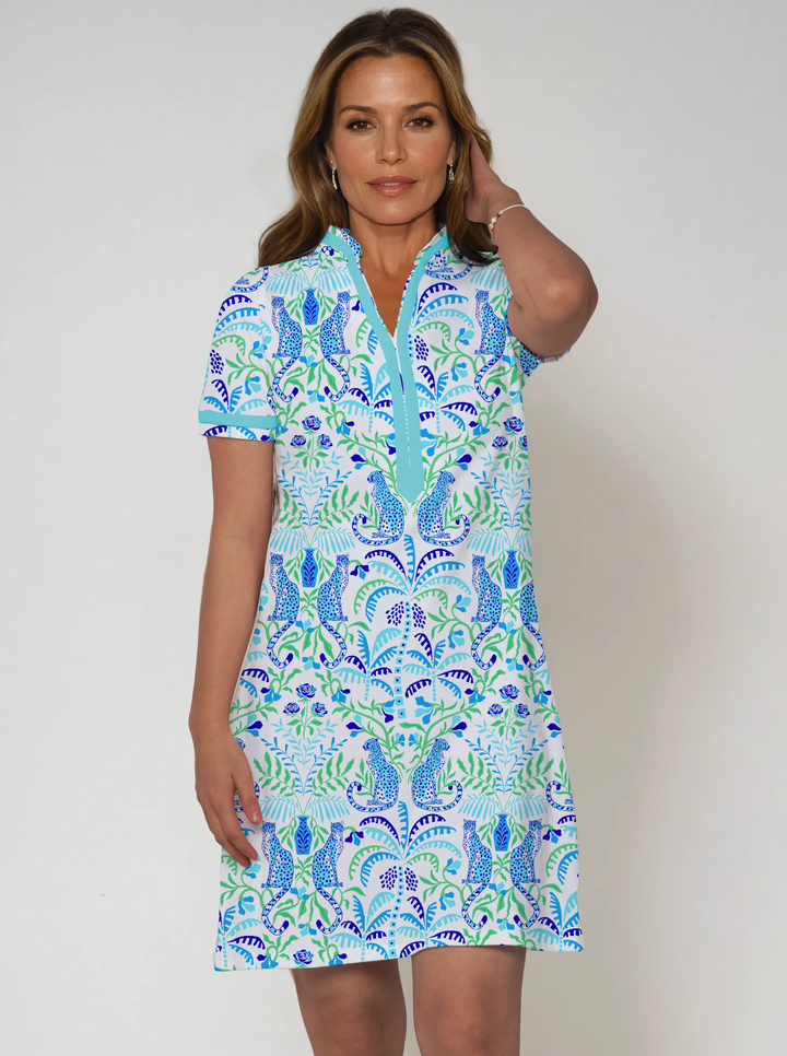 Cheetah in bloom Print Cotton Knit Short Sleeve V-Neck Placket Dress (Slim Fit)
