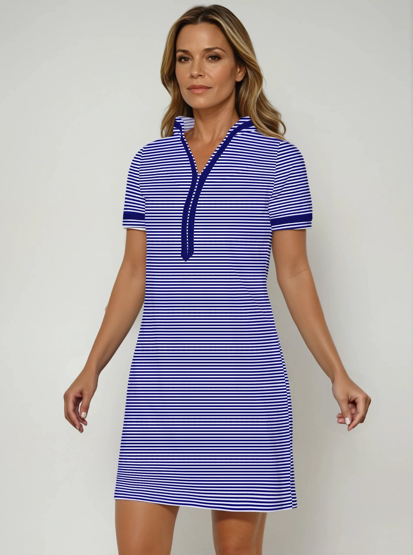 Verona Stripes Print Cotton Knit Short Sleeve V-Neck Placket Dress