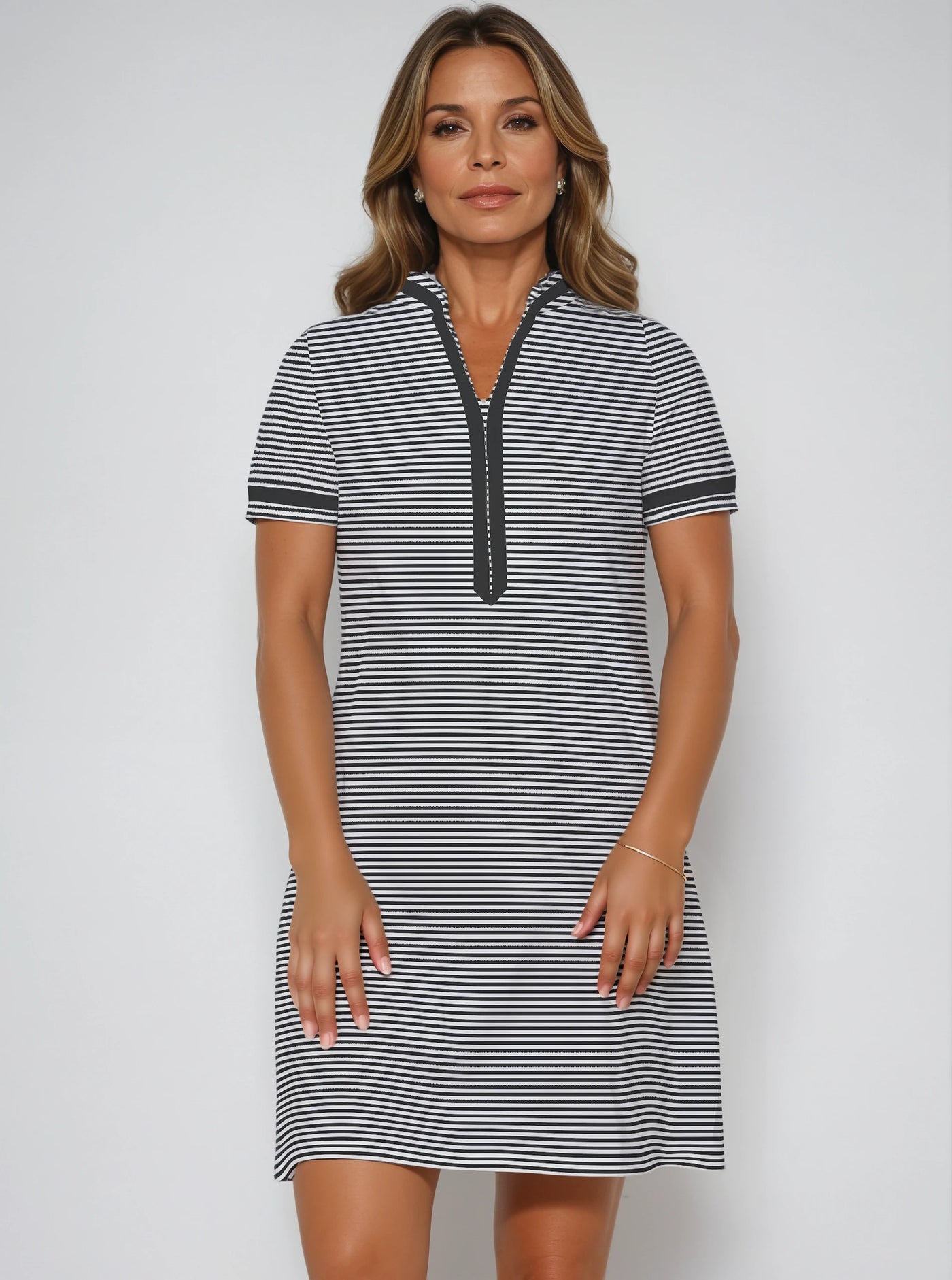 Verona Stripes Print Cotton Knit Short Sleeve V-Neck Placket Dress