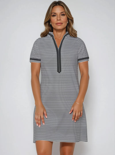 Verona Stripes Print Cotton Knit Short Sleeve V-Neck Placket Dress
