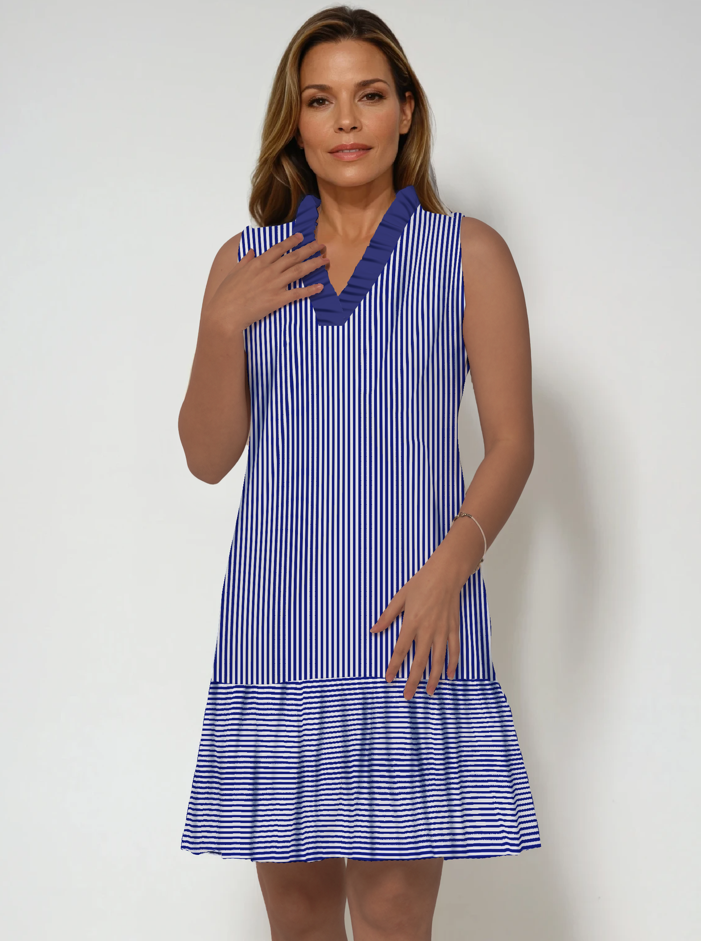 Verona Stripes Sleeveless Ruffle Portrait Dress With Frilled Bottom