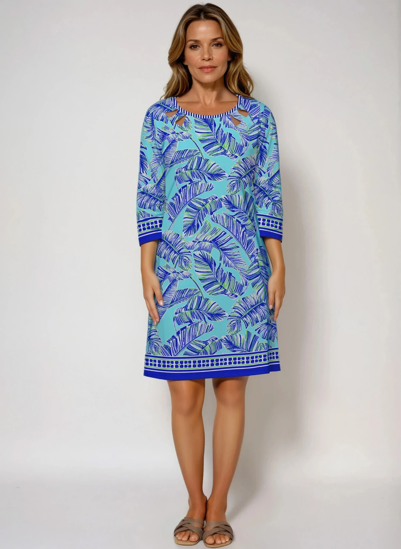 Kensington Print Cotton Knit 3/4 Sleeve With Deco Slit Neck Dress