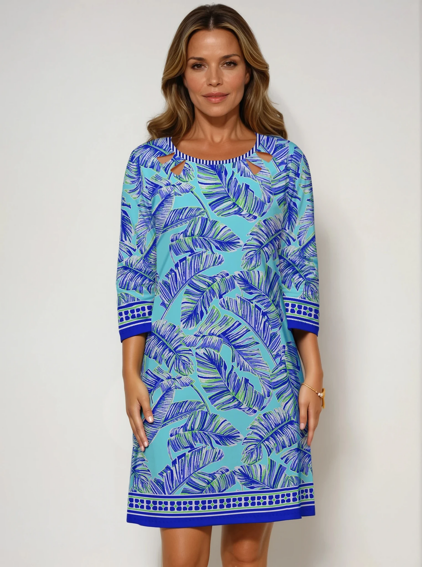 Kensington Print Cotton Knit 3/4 Sleeve With Deco Slit Neck Dress