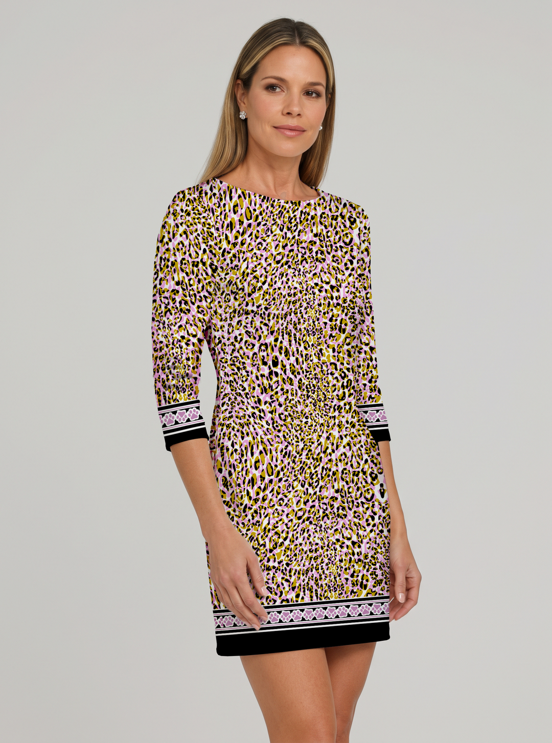 Cat Country Print Cotton Knit 3/4 Sleeve Crew Neck Dress