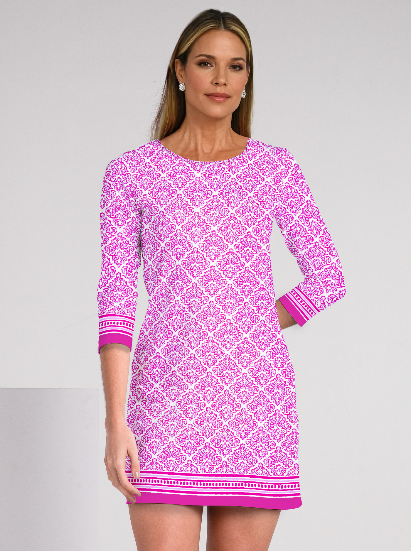Fobia Print Cotton Knit 3/4 Sleeve Crew Neck Dress