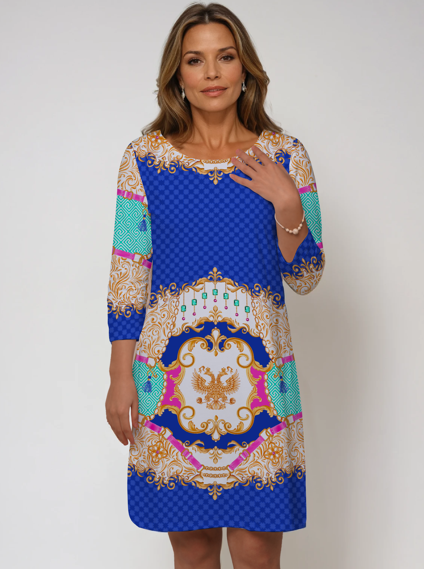 Nylon 3/4 Sleeve Crew Neck Dress (Regular Fit)