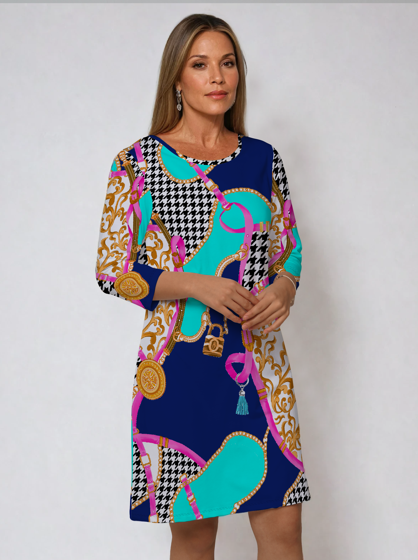 Nylon 3/4 Sleeve Crew Neck Dress