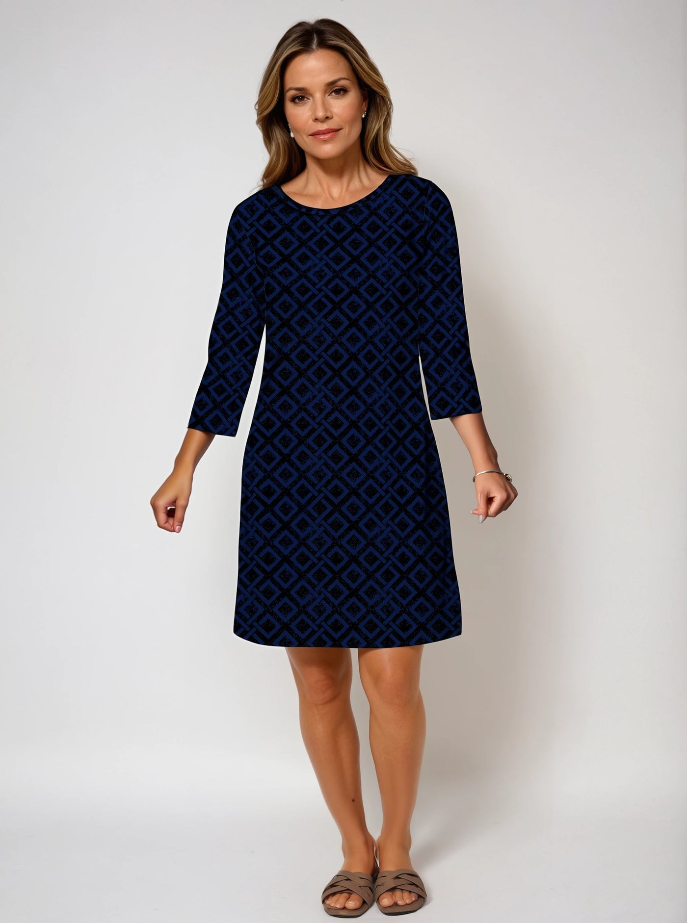 3/4 Sleeve Crew Neck Poly Monochrome Dress