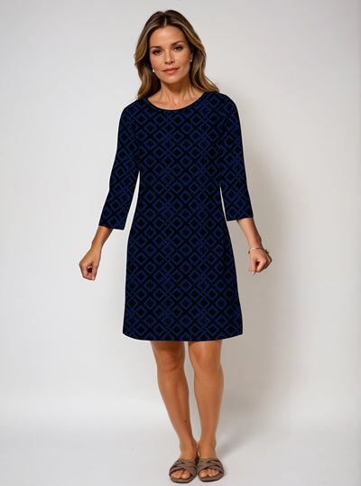 3/4 Sleeve Crew Neck Poly Monochrome Dress
