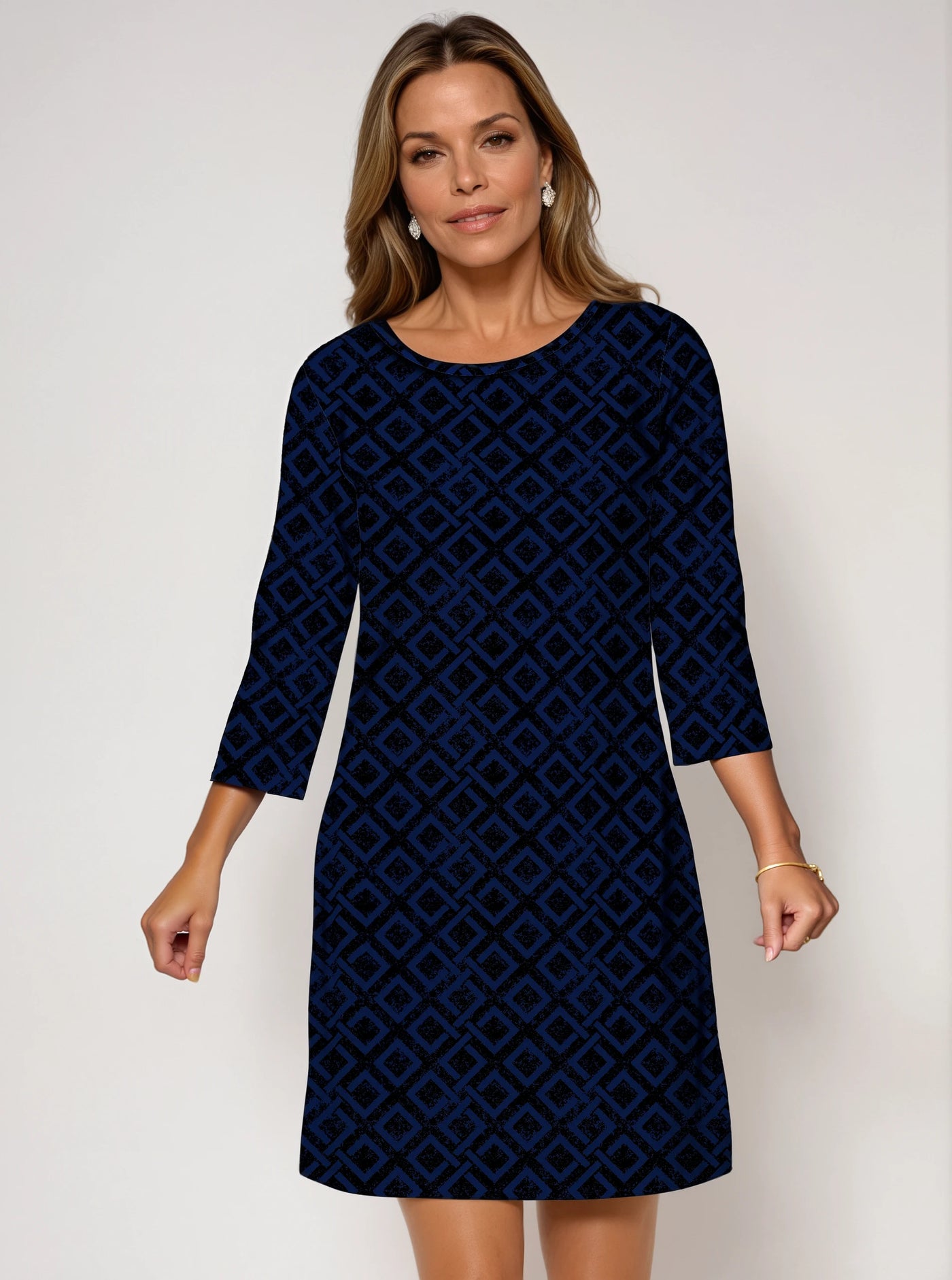 3/4 Sleeve Crew Neck Poly Monochrome Dress