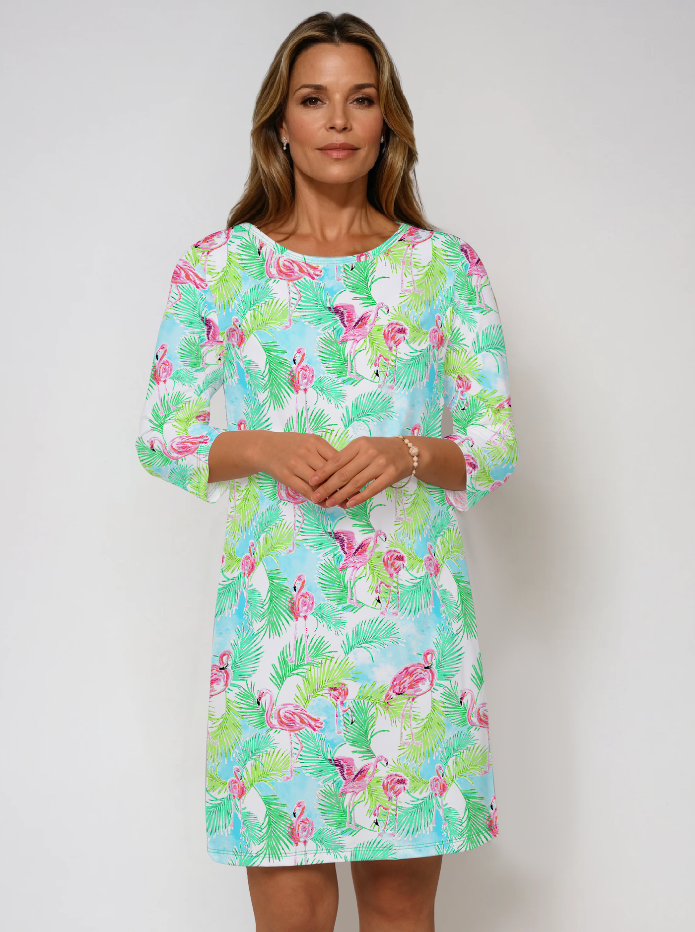 Nylon 3/4 Sleeve Crew Neck Dress