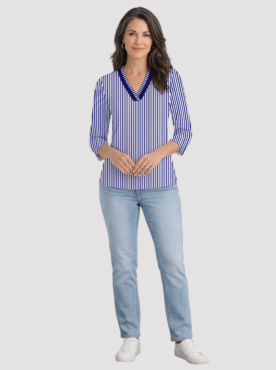 Vertical Stripe Print Cotton Knit 3/4 Sleeve V-Neck Top