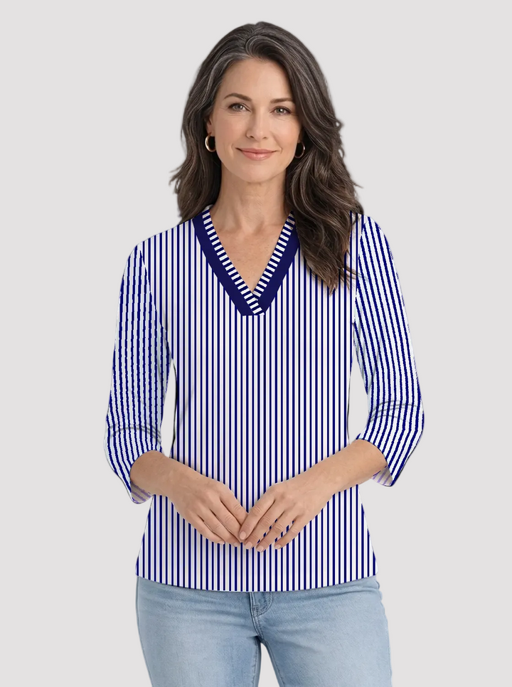 Vertical Stripe Print Cotton Knit 3/4 Sleeve V-Neck Top
