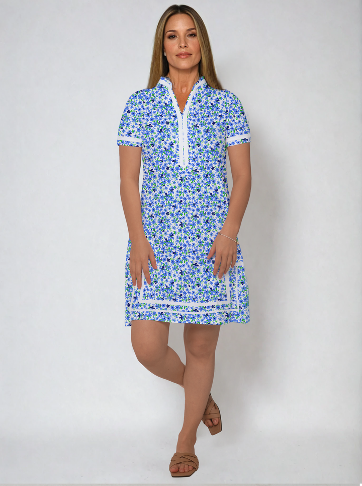 Daisy Print Thin Woven Rayon Short Sleeve V-Neck Placket Dress (Slim Fit)