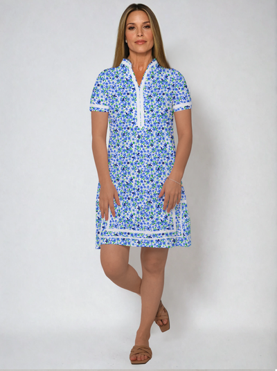 Daisy Print Rayon Short Sleeve V-Neck Placket Dress