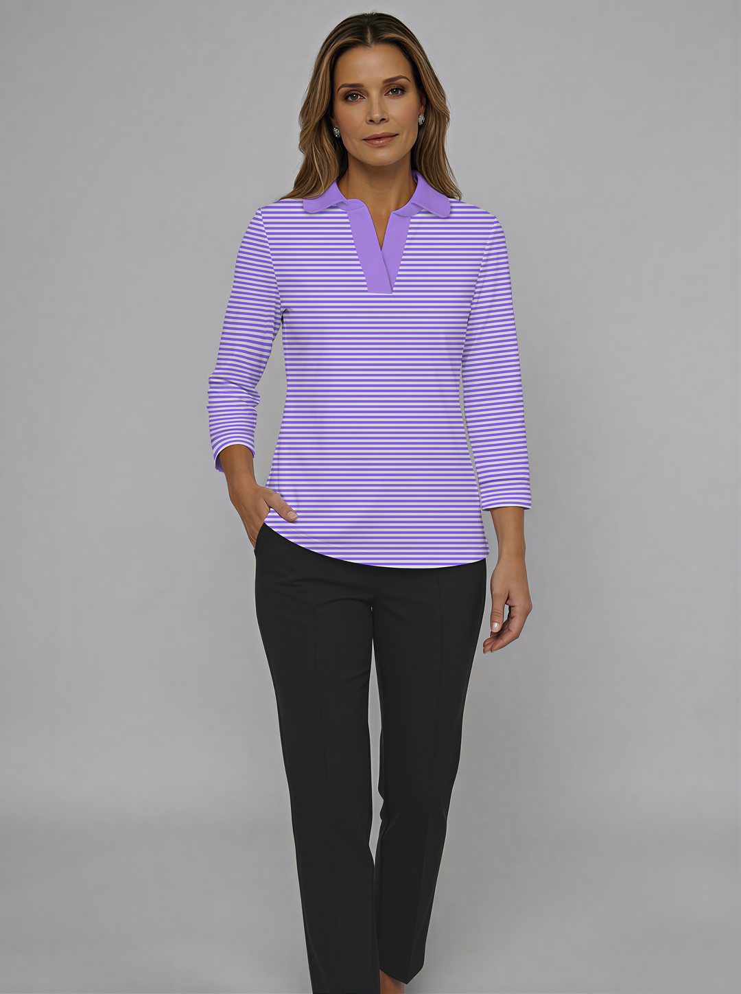 Verona Stripe Print Cotton Knit 3/4 Cuff Sleeve Rounded Collar Top