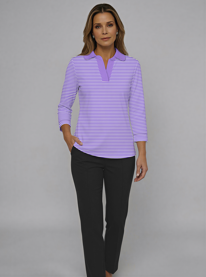 Verona Stripe Print Cotton Knit 3/4 Cuff Sleeve Rounded Collar Top