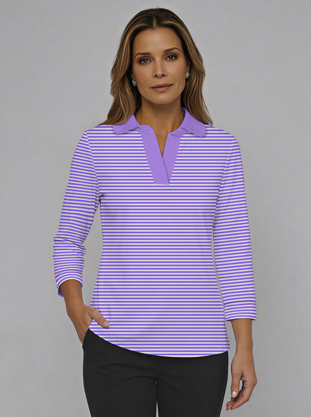 Verona Stripe Print Cotton Knit 3/4 Cuff Sleeve Rounded Collar Top