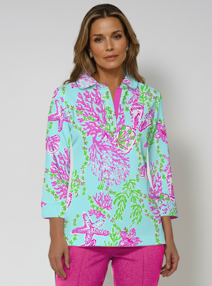 Bermuda Reef Print Cotton Knit 3/4 Cuff Sleeve Rounded Collar Top