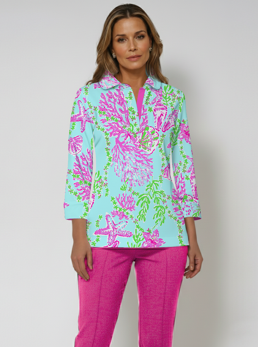 Bermuda Reef Print Cotton Knit 3/4 Cuff Sleeve Rounded Collar Top