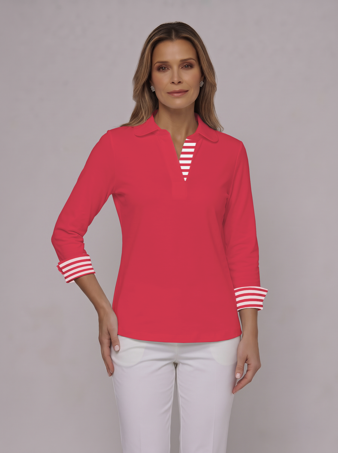 3/4 Cuff Sleeve Rounded Collar Poly Top