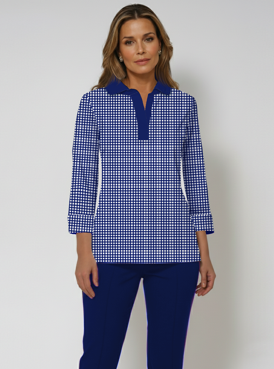 Check Print Cotton Knit 3/4 Cuff Sleeve Rounded Collar Top