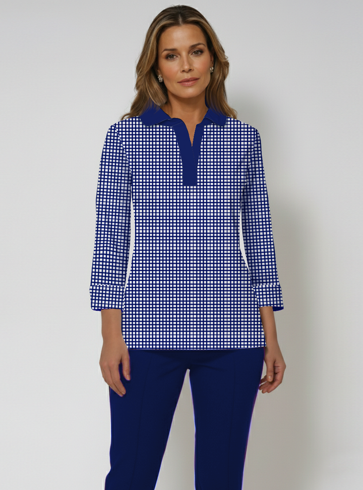 Check Print Cotton Knit 3/4 Cuff Sleeve Rounded Collar Top