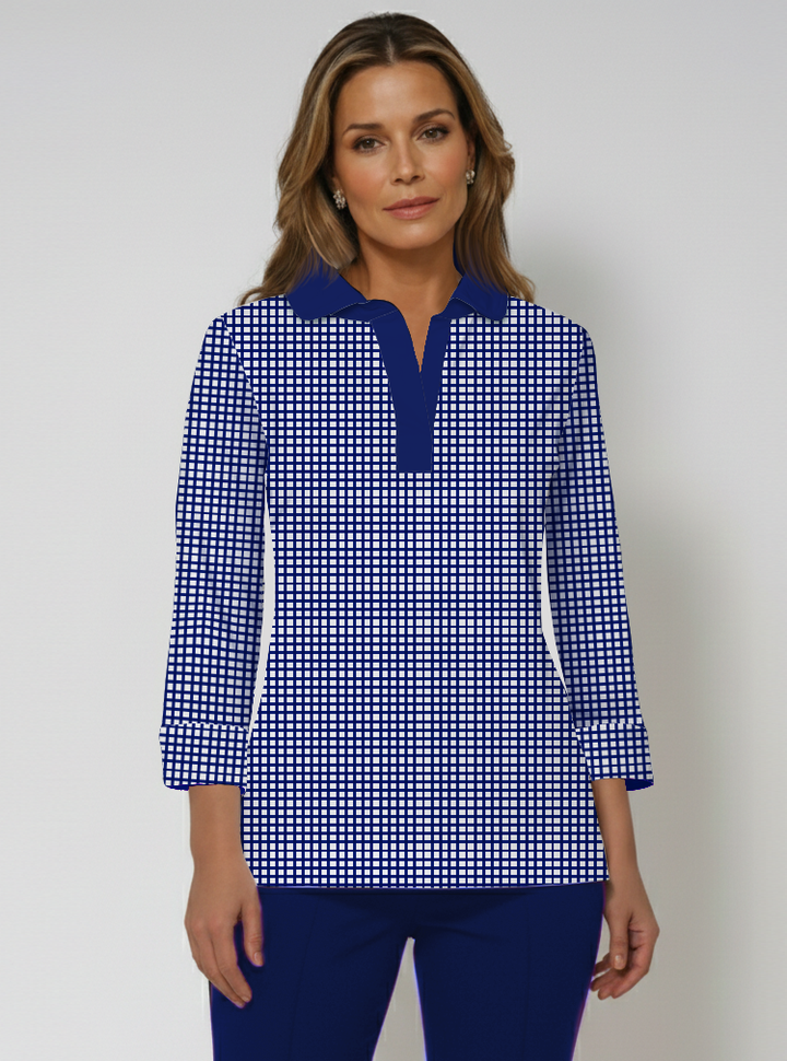 Check Print Cotton Knit 3/4 Cuff Sleeve Rounded Collar Top