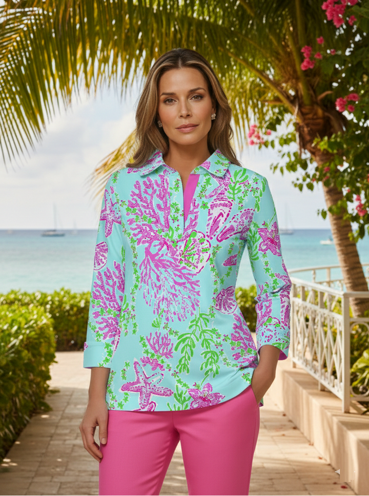 Bermuda Reef Print Cotton Knit 3/4 Cuff Sleeve Rounded Collar Top