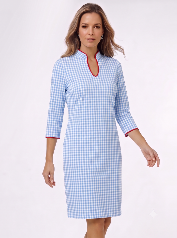 Check Print Cotton Knit 3/4 Slit Sleeve Horseshoe Neck Dress (Slim Fit)