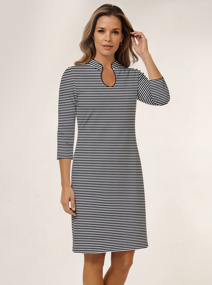 Verona Stripe Print Cotton Knit 3/4 Slit Sleeve Horseshoe Neck Dress (Slim Fit)
