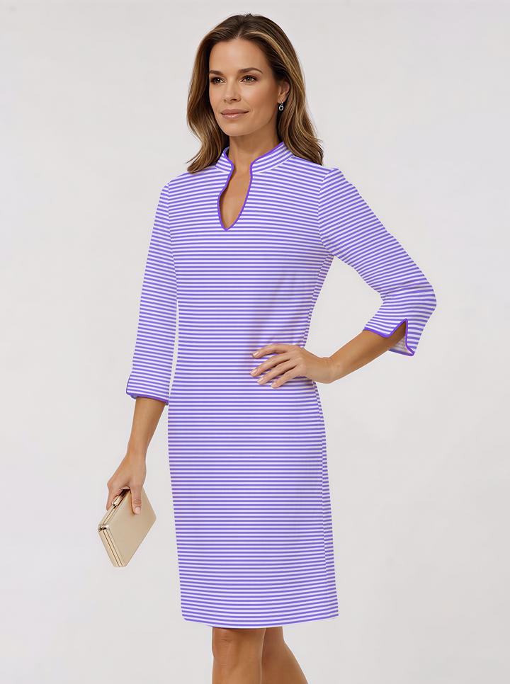 Verona Stripe Print Cotton Knit 3/4 Slit Sleeve Horseshoe Neck Dress (Slim Fit)