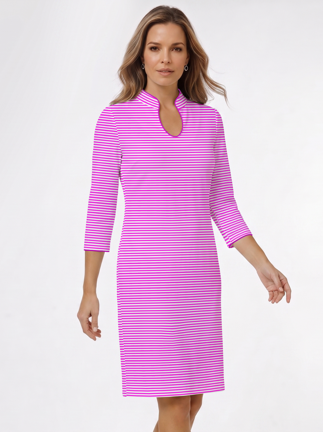 Verona Stripe Print Cotton Knit 3/4 Slit Sleeve Horseshoe Neck Dress (Slim Fit)