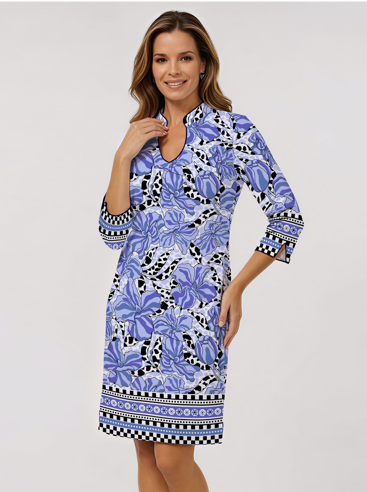 Ruby Print Cotton Knit 3/4 Slit Sleeve Horseshoe Neck Dress (Slim Fit)