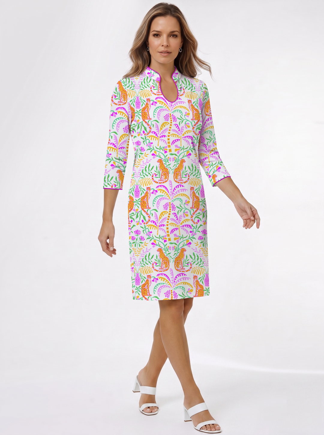 Cheetah in Bloom Print Cotton Knit 3/4 Slit Sleeve Horseshoe Neck Dress (Slim Fit)