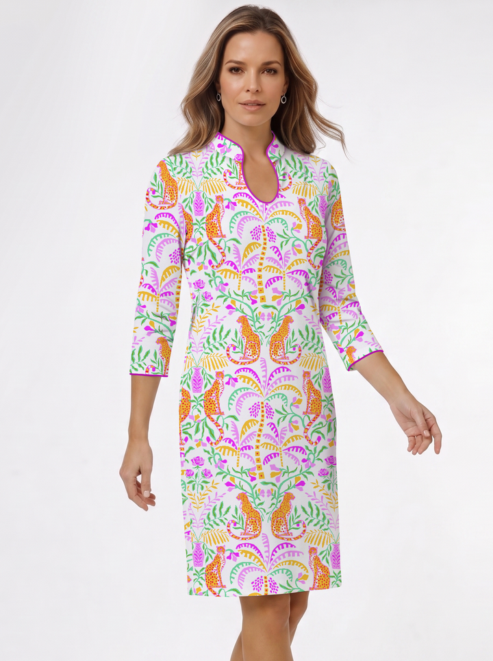Cheetah in Bloom Print Cotton Knit 3/4 Slit Sleeve Horseshoe Neck Dress (Slim Fit)